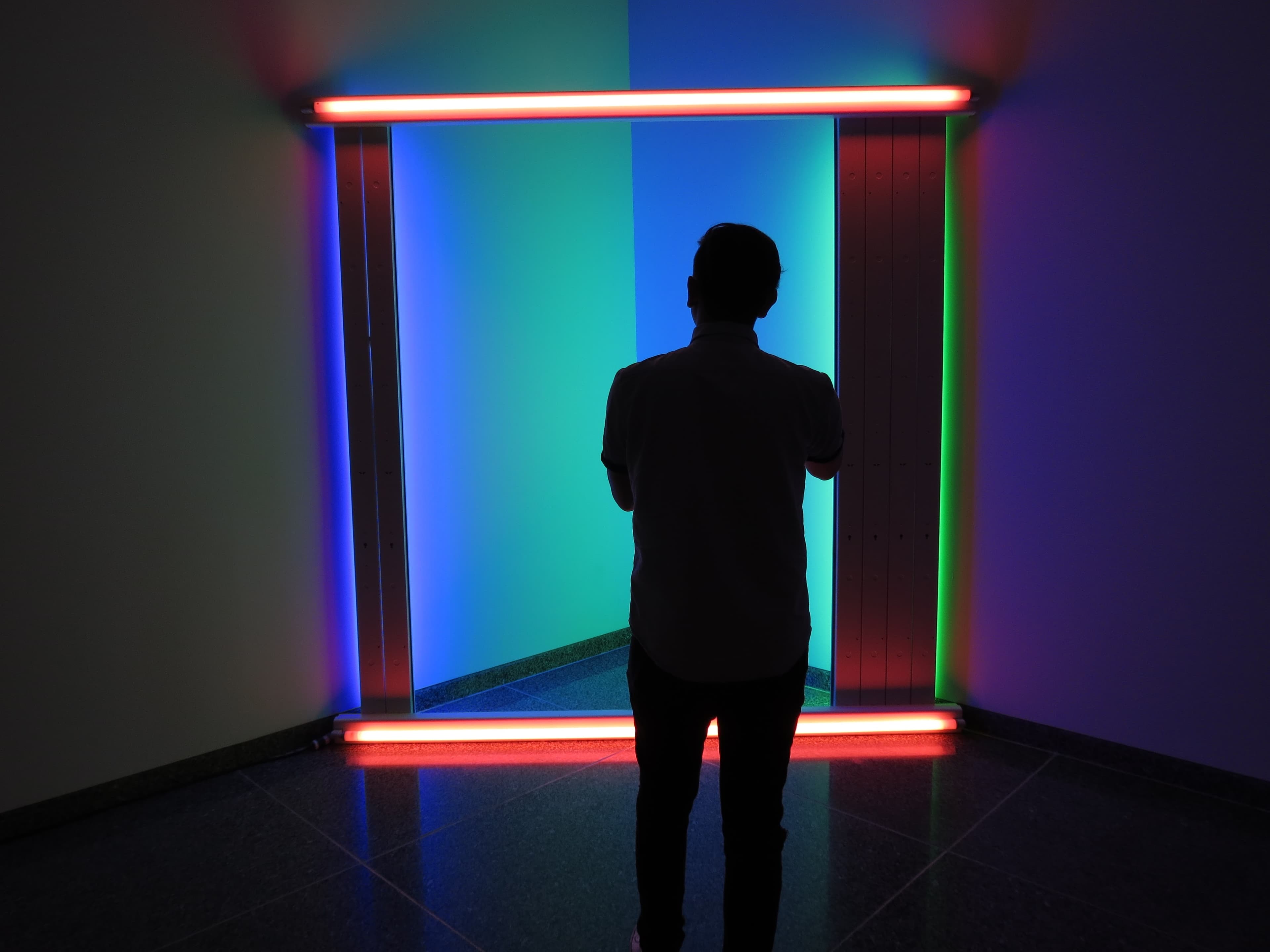 Quinn's silhouette in front of Untitled (for Ellen) by Dan Flavin